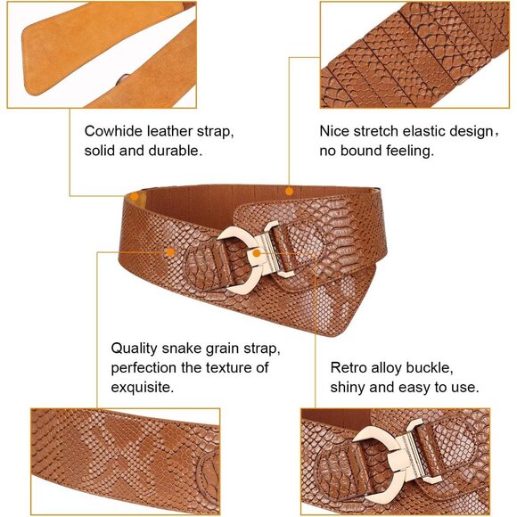 Women's Wide Elastic Stretch Waist Belt Adjustable Dress Belt Brown Gold Buckle - Picture 3 of 6